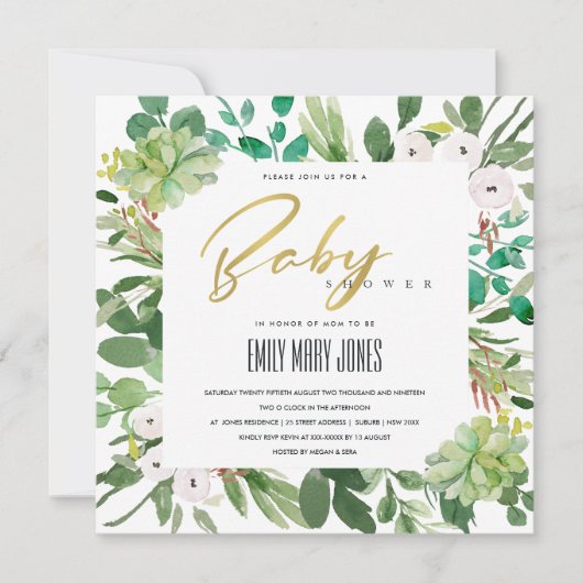 SUCCULENT WREATH FOLIAGE WATERVERF BABY SHOWER KAART (Voorkant)