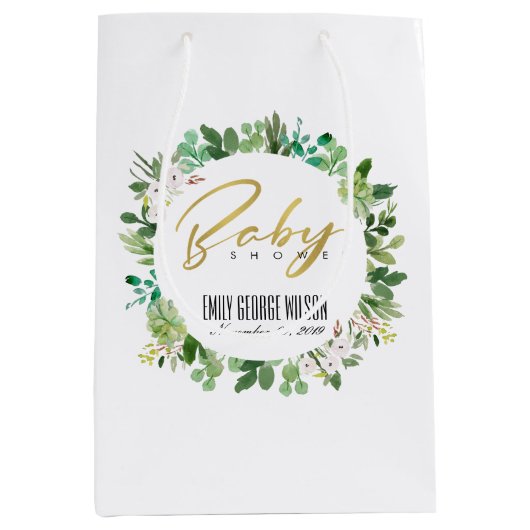 SUCCULENT WREATH FOLIAGE WATERVERF BABY SHOWER MEDIUM CADEAUZAKJE (Voorkant)