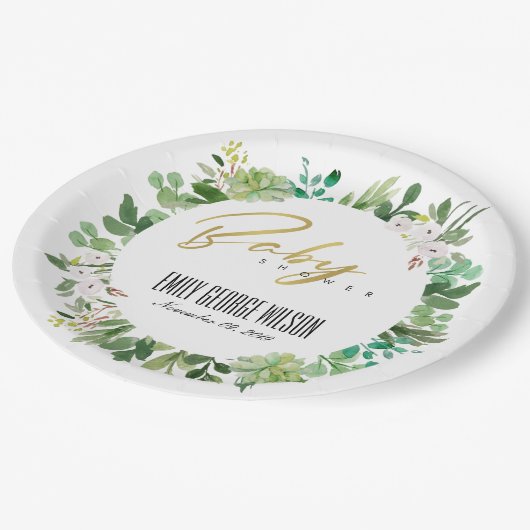 SUCCULENT WREATH FOLIAGE WATERVERF BABY SHOWER PAPIEREN BORDJE (Gekanteld)