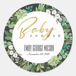 SUCCULENT WREATH FOLIAGE WATERVERF BABY SHOWER RONDE STICKER