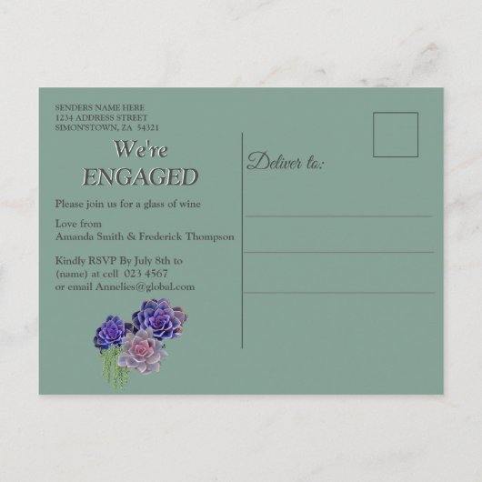 Succulent Zee groen, violet Verloving Bouquet Uitnodiging Briefkaart (Achterkant)