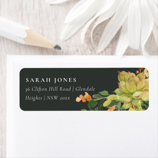 SUCCULENT ZWARTE ORANJE FLORAAL WATERVERF ADRES ETIKET (Insitu)