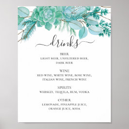 Succulente alcoholbar. Mint floral bruiloft drinke Poster