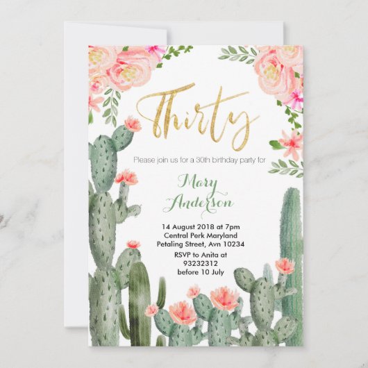 Succulente Bloemen Dertig 30e verjaardag Uitnodigi Kaart (Voorkant)