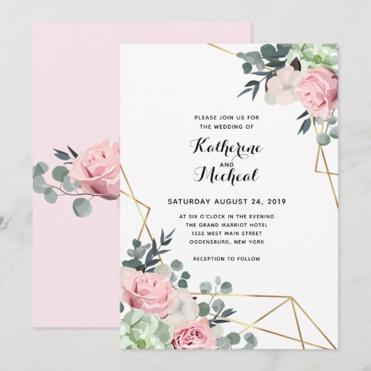 Succulente bloemen geometrische bruiloft uitnodigi kaart (Voorkant / Achterkant)