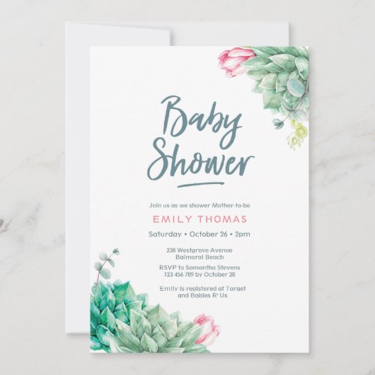 Succulente bloemen Meisje Baby shower Uitnodiging (Voorkant)