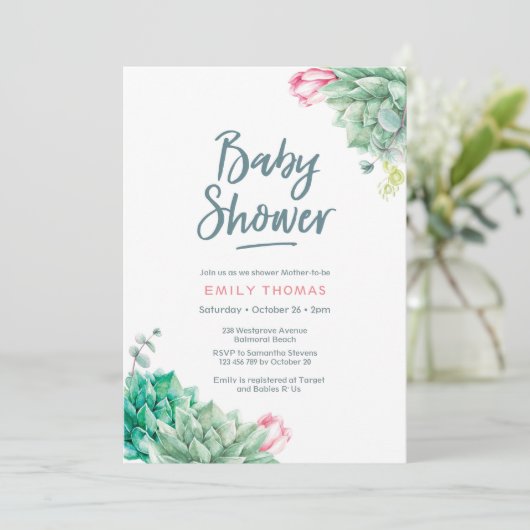 Succulente bloemen Meisje Baby shower Uitnodiging (Staand voorkant)