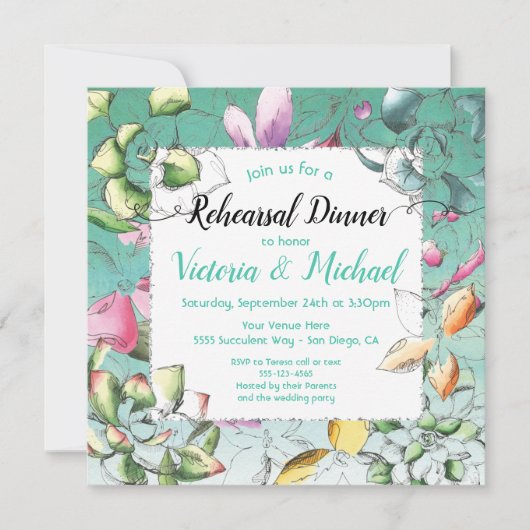 Succulente Bloemen repetitie diner uitnodigingen (Voorkant)