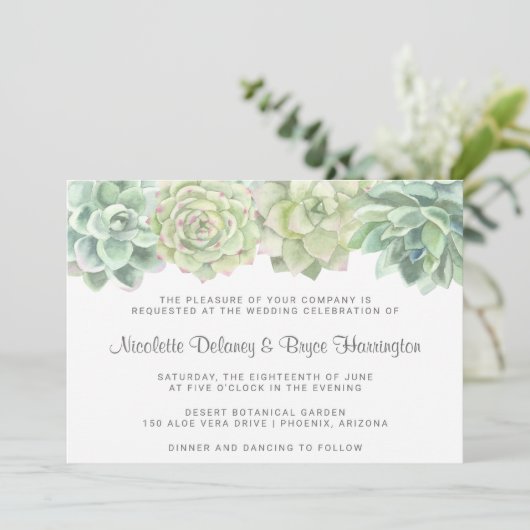 Succulente botanische groene Waterverf bruiloft Kaart (Staand voorkant)