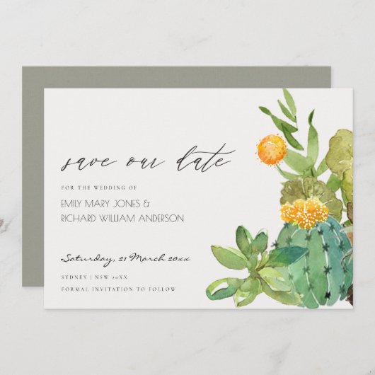 Succulente Cacti Yellow Fauna Save the Date Invite Bedankkaart (Voorkant / Achterkant)