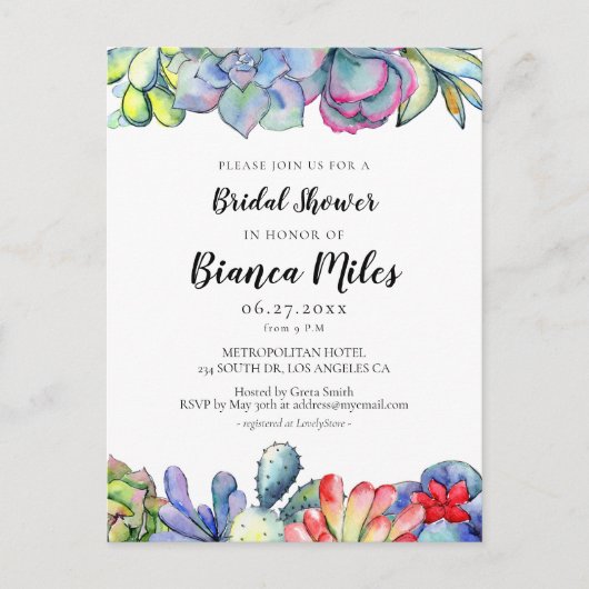 Succulente cactus Bridal douche Uitnodiging (Voorkant)