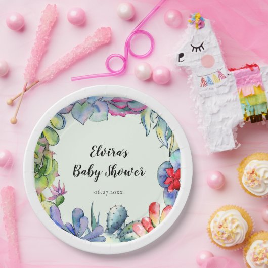 Succulente cactus waterverf Baby shower Papieren Bordje (Feest)