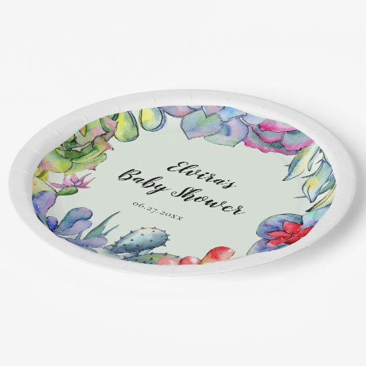 Succulente cactus waterverf Baby shower Papieren Bordje (Gekanteld)