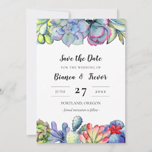 Succulente cactus waterverf Bewaar de datum Kaart (Voorkant)