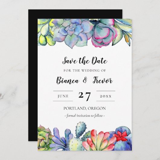 Succulente cactus waterverf Bewaar de datum Kaart (Voorkant / Achterkant)