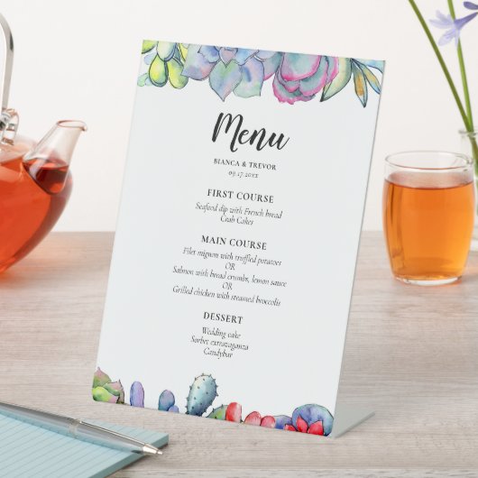 Succulente cactus waterverf bruiloft menu reclamebord met voetstuk (Insitu)