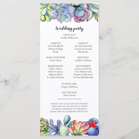 Succulente cactus waterverf programmakaart (Achterkant)