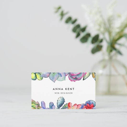 Succulente cactus waterverf visitekaartje (Staand voorkant)