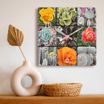 Succulente cactussen rozen bloemenfotografie colla vierkante klok<br><div class="desc">Helderrood, geel en oranje-omhelsde rozen en groene, waterige en zwarte cactussen roepen warme zomerdagen op. Geniet van de bloesems en de vreedzame atmosfeer van een levendige tuin wanneer je de tijd controleert op deze verbluffende, grafische wandklok. Maakt een geweldig cadeau voor het huishouden! U kunt deze muurklok gemakkelijk personaliseren. Stuur...</div>