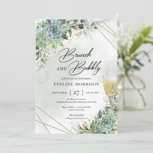 Succulente champagne-glazen goudbrunch en bubbly kaart (Staand voorkant)