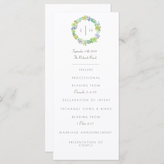 Succulente gelukzaligheid Waterverf | INITIAAL | P Programmakaart (Voorkant / Achterkant)