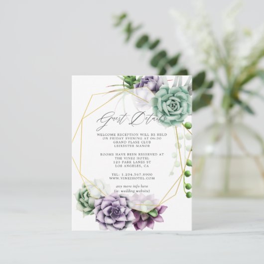 Succulente Geometric Wedding Guest Details Informatiekaartje (Staand voorkant)