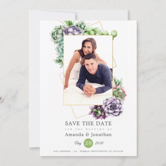 Succulente Geometrische Foto Bruiloft Save The Date (Voorkant)