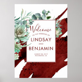 Succulente Greenery Burgundy Red Wedding Poster
