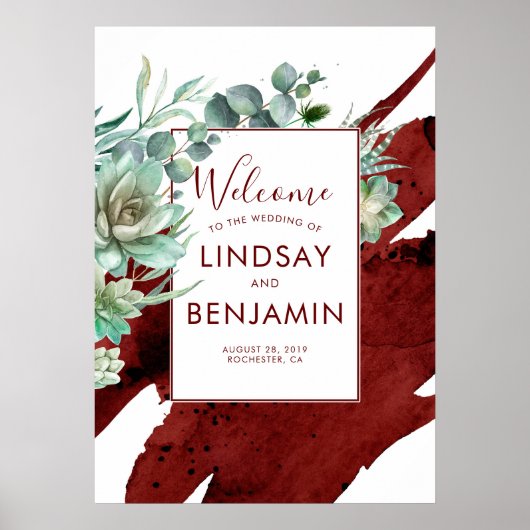 Succulente Greenery Burgundy Red Wedding Poster (Voorkant)