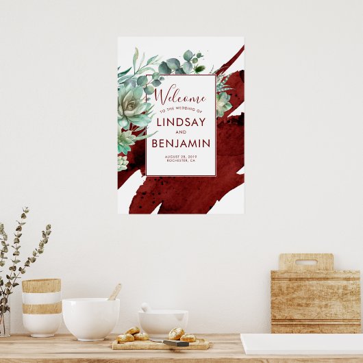 Succulente Greenery Burgundy Red Wedding Poster (Keuken)