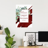 Succulente Greenery Burgundy Red Wedding Poster (Thuiskantoor)
