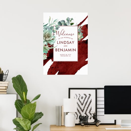 Succulente Greenery Burgundy Red Wedding Poster (Thuiskantoor)