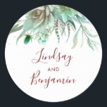 Succulente Greenery Burgundy Red Wedding Ronde Sticker<br><div class="desc">Groen - vetplanten bordeaux rode tekst bruiloft zegels</div>