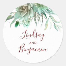 Succulente Greenery Burgundy Red Wedding Ronde Sticker
