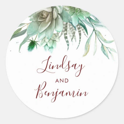 Succulente Greenery Burgundy Red Wedding Ronde Sticker (Voorkant)
