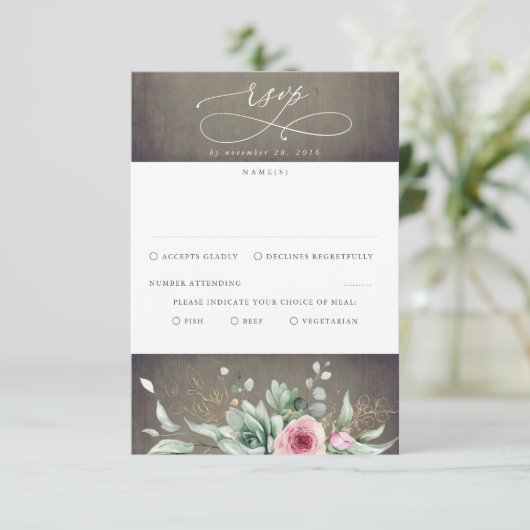 Succulente Greenery en roze Flowers Wedding RSVP Kaartje (Staand voorkant)