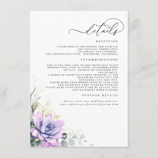 Succulente Greenery Gold Leaves Wedding Details En Informatiekaartje (Voorkant)