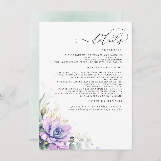 Succulente Greenery Gold Leaves Wedding Details En Informatiekaartje (Voorkant / Achterkant)