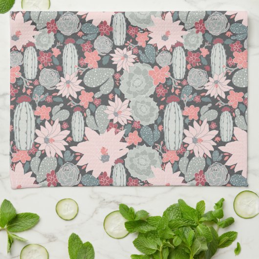 Succulente Planten en Cactus Pattern Pinks-Mint Theedoek (Gevouwen)