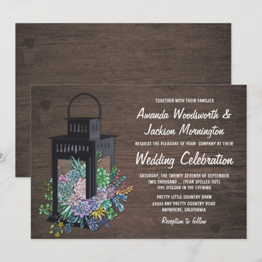 Succulente rustieke houten lantaarn bruiloft uitno kaart (Voorkant / Achterkant)
