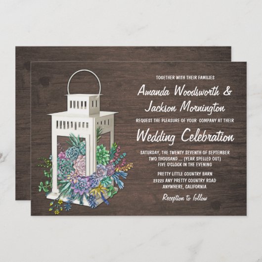 Succulente rustieke houten lantaarn bruiloft uitno kaart (Voorkant / Achterkant)