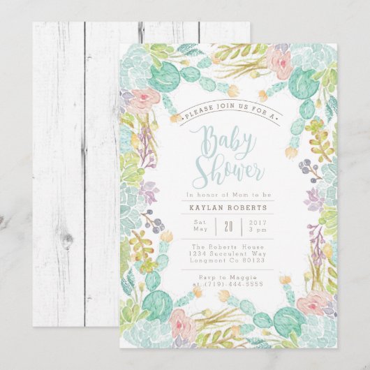 Succulente Tuin Waterverf | Baby shower uitnodigen Kaart (Voorkant / Achterkant)