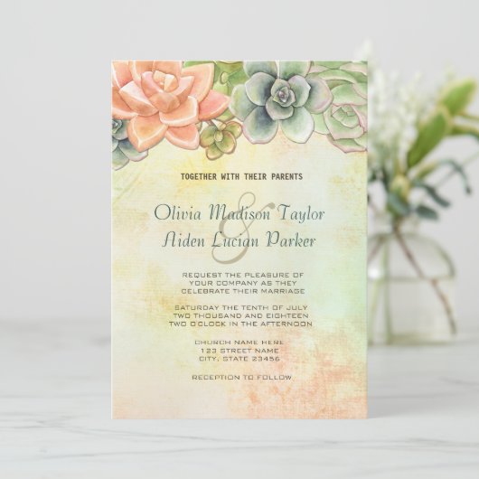 Succulente Waterverf Bloemen Trouwperzik Kaart (Staand voorkant)