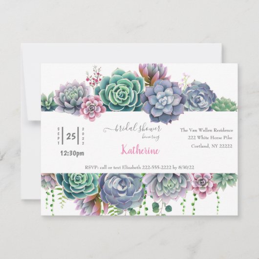 Succulente Waterverf Bridal Shower Invitation Feestdagenkaart (Voorkant)