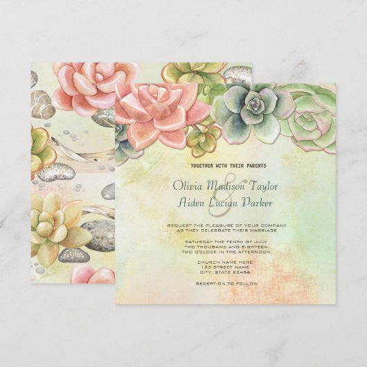 Succulente Waterverf Floral bruiloft uitnodiging (Voorkant / Achterkant)