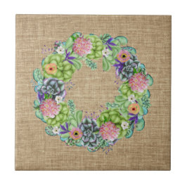 Succulente Waterverf Floral Wreath op Tan Tegeltje
