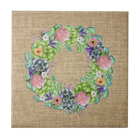 Succulente Waterverf Floral Wreath op Tan Tegeltje (Voorkant)