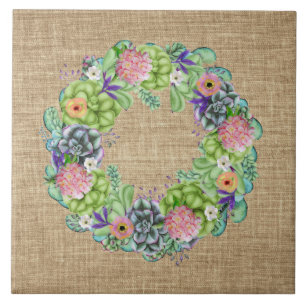 Succulente Waterverf Floral Wreath op Tan Tegeltje