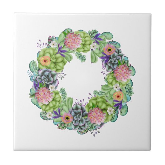 Succulente Waterverf Floral Wreath Tegeltje (Voorkant)