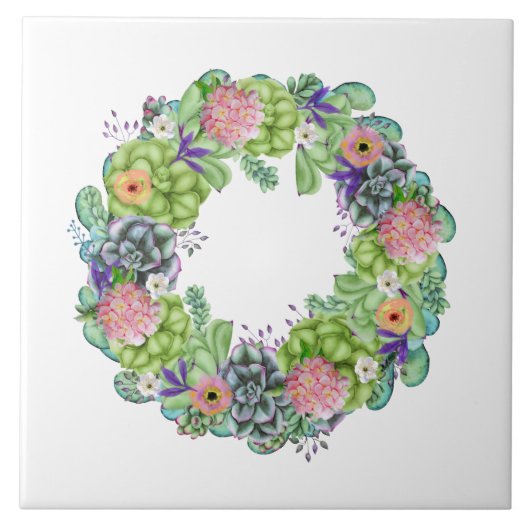 Succulente Waterverf Floral Wreath Tegeltje (Voorkant)